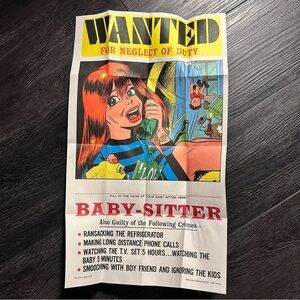 Vintage 80’s 'Wanted' Babysitter Poster, Topps 1980